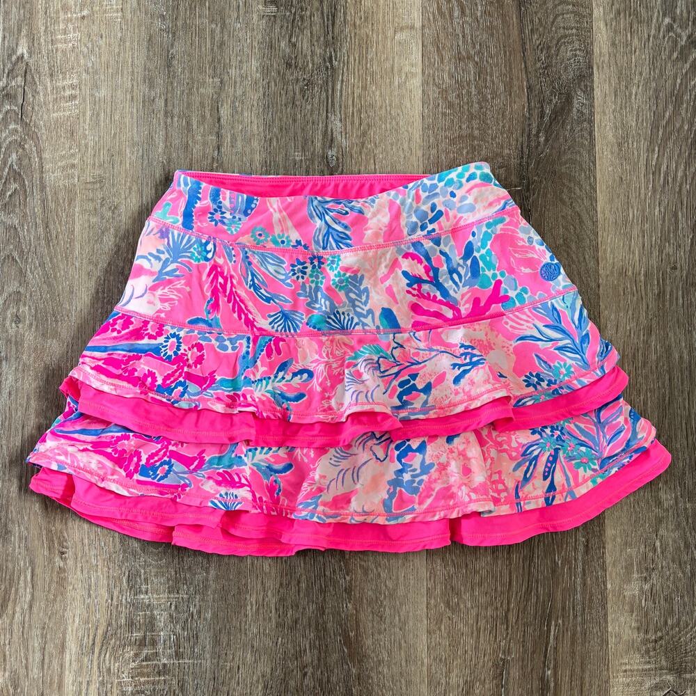 Lilly Pulitzer Luxletic Tiered Ruffle Skort Pink Blue - Size: XXS